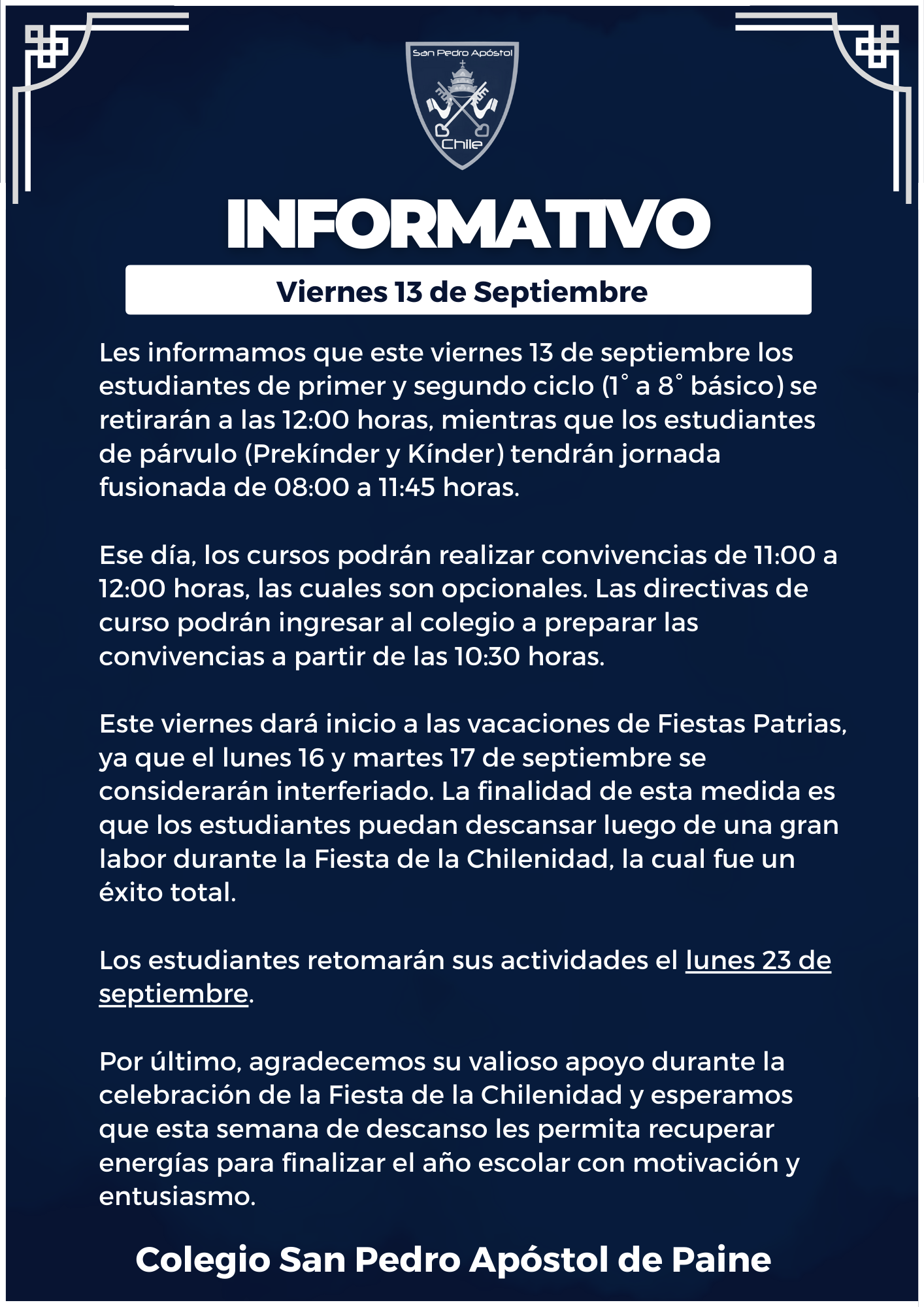 Informativo horario de salida viernes 13 de septiembre