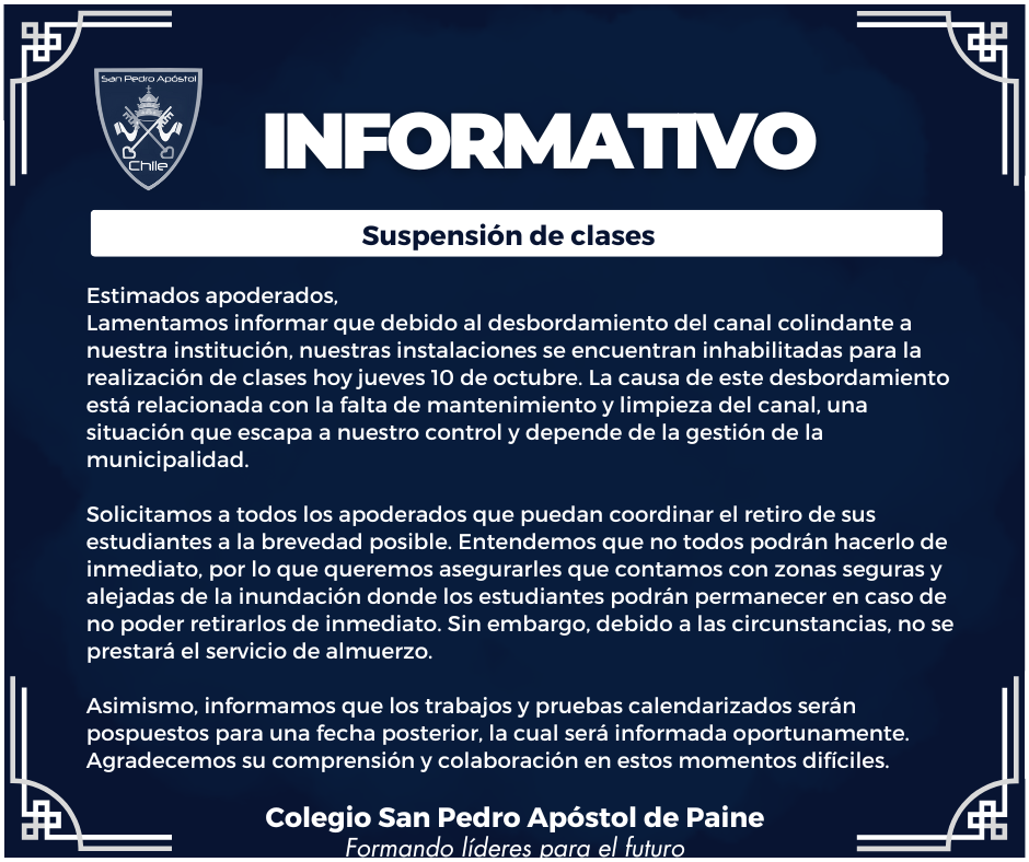 Clases suspendidas hoy jueves 10 de octubre. | Colegio San Pedro Apóstol