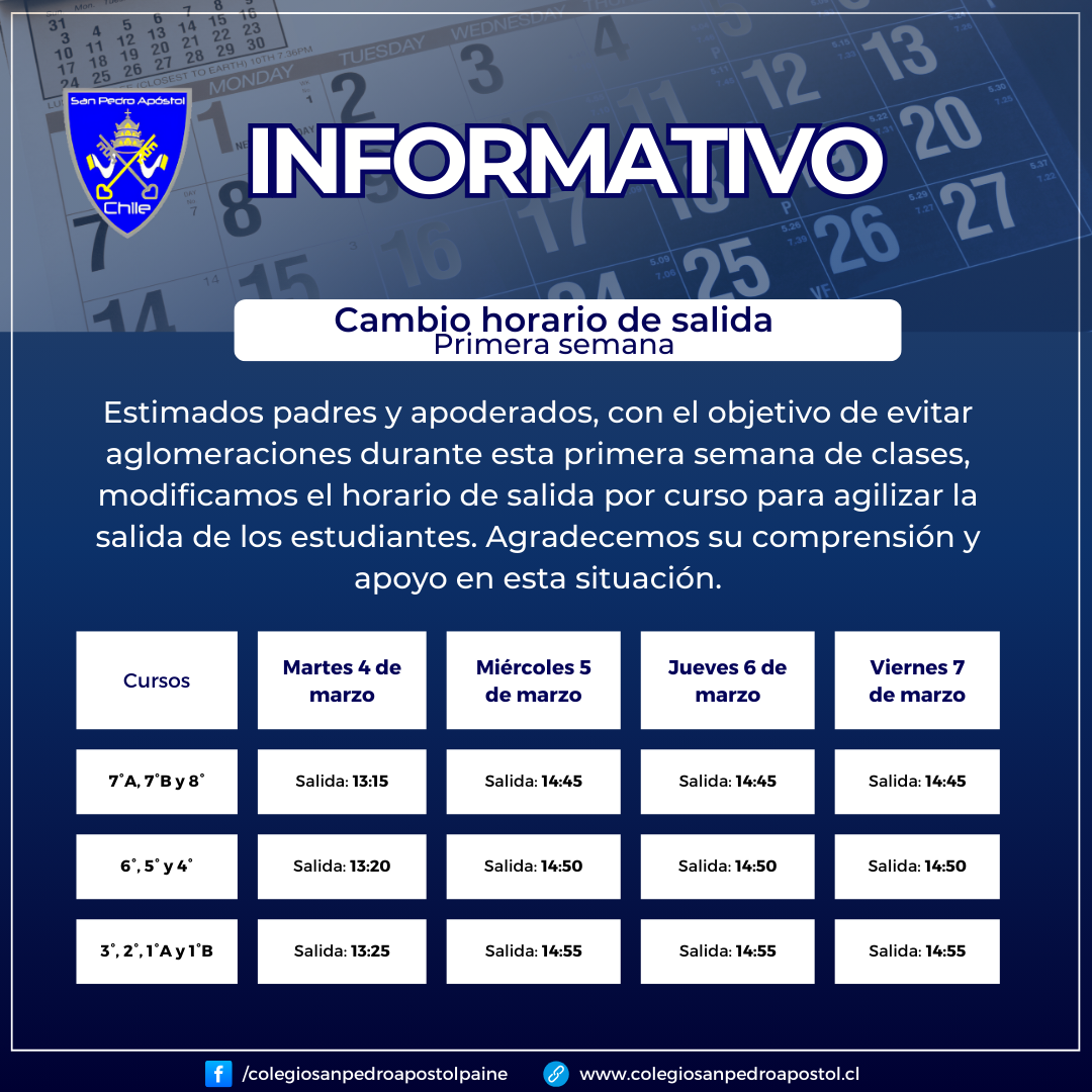 Para evitar aglomeraciones y agilizar el proceso de salida de los estudiantes, se ha realizado una pequeña modificación en el orden y horario de salida. Les invitamos a revisar el informativo adjunto para conocer los nuevos horarios.