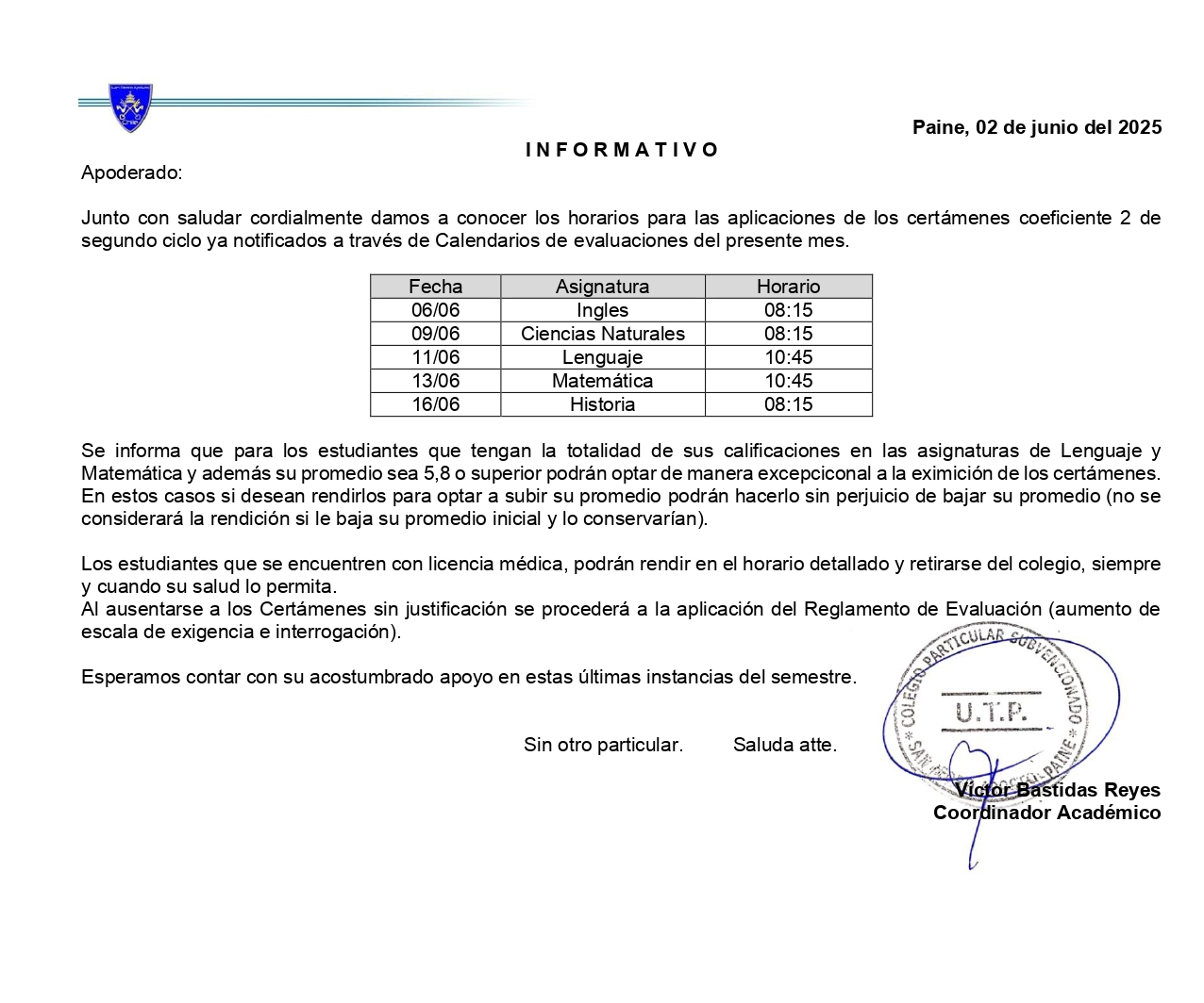 informativo coordinación académica certámenes primer semestre 2025