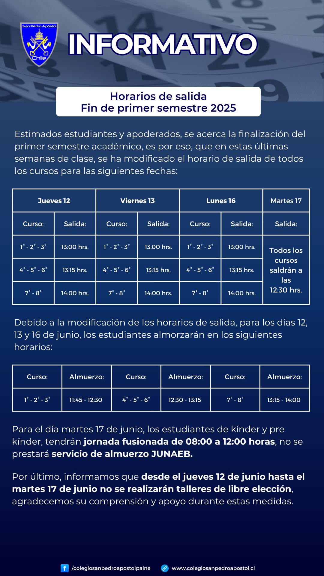 informativo horarios de salida semana fin de semestre 2025.