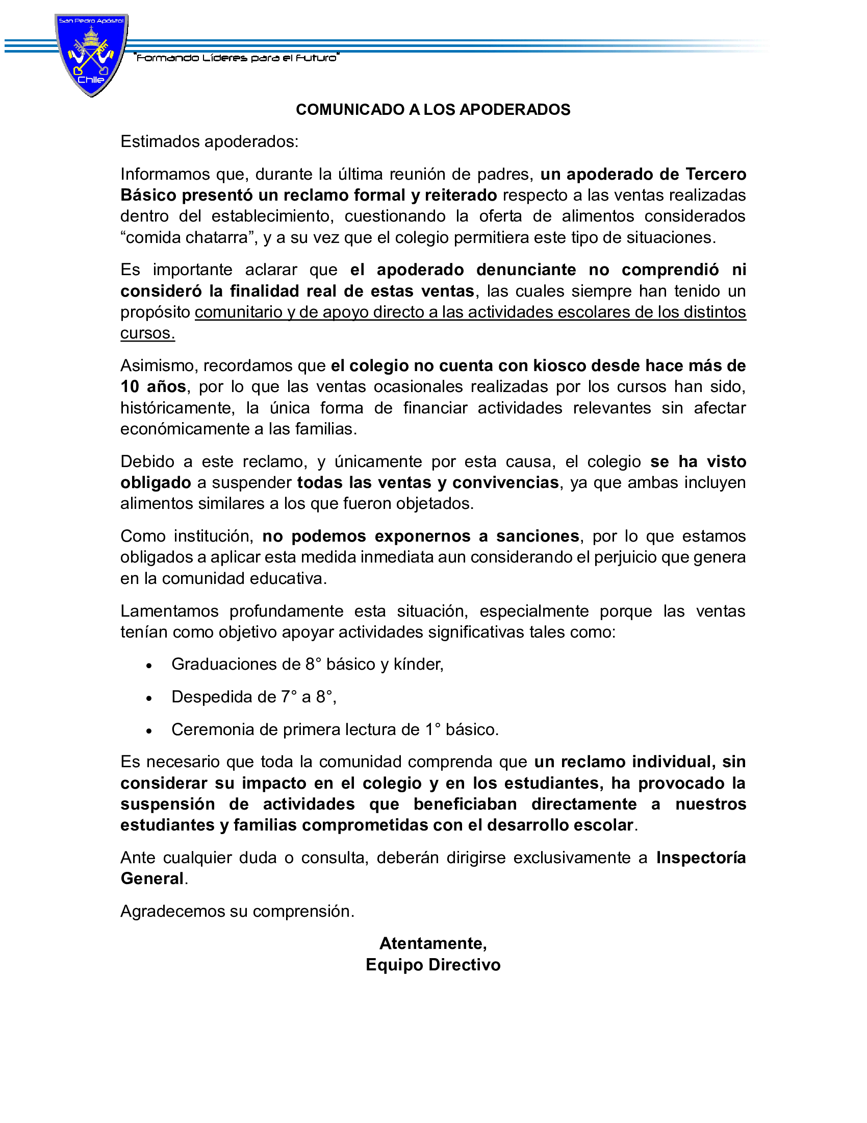 informativo suspension convivencias y ventas