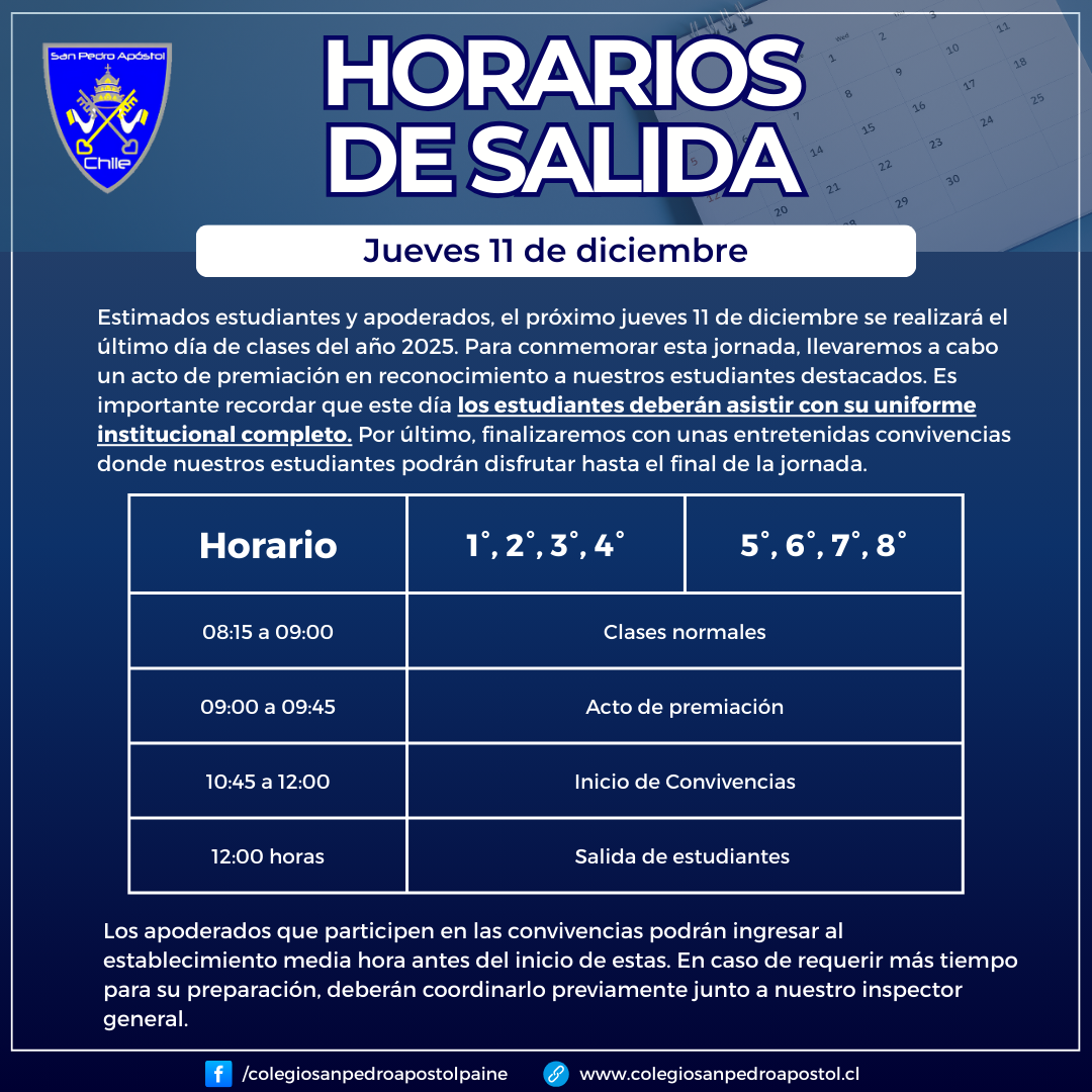 Informativo horarios de salida jueves 11 de diciembre