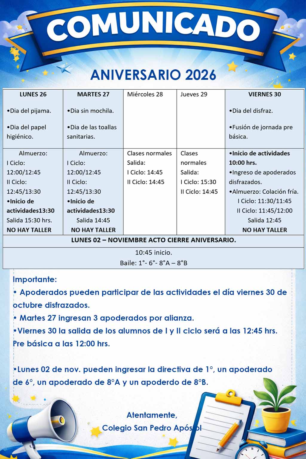 informativo calendario semana de aniversario 26 al 30 de octubre