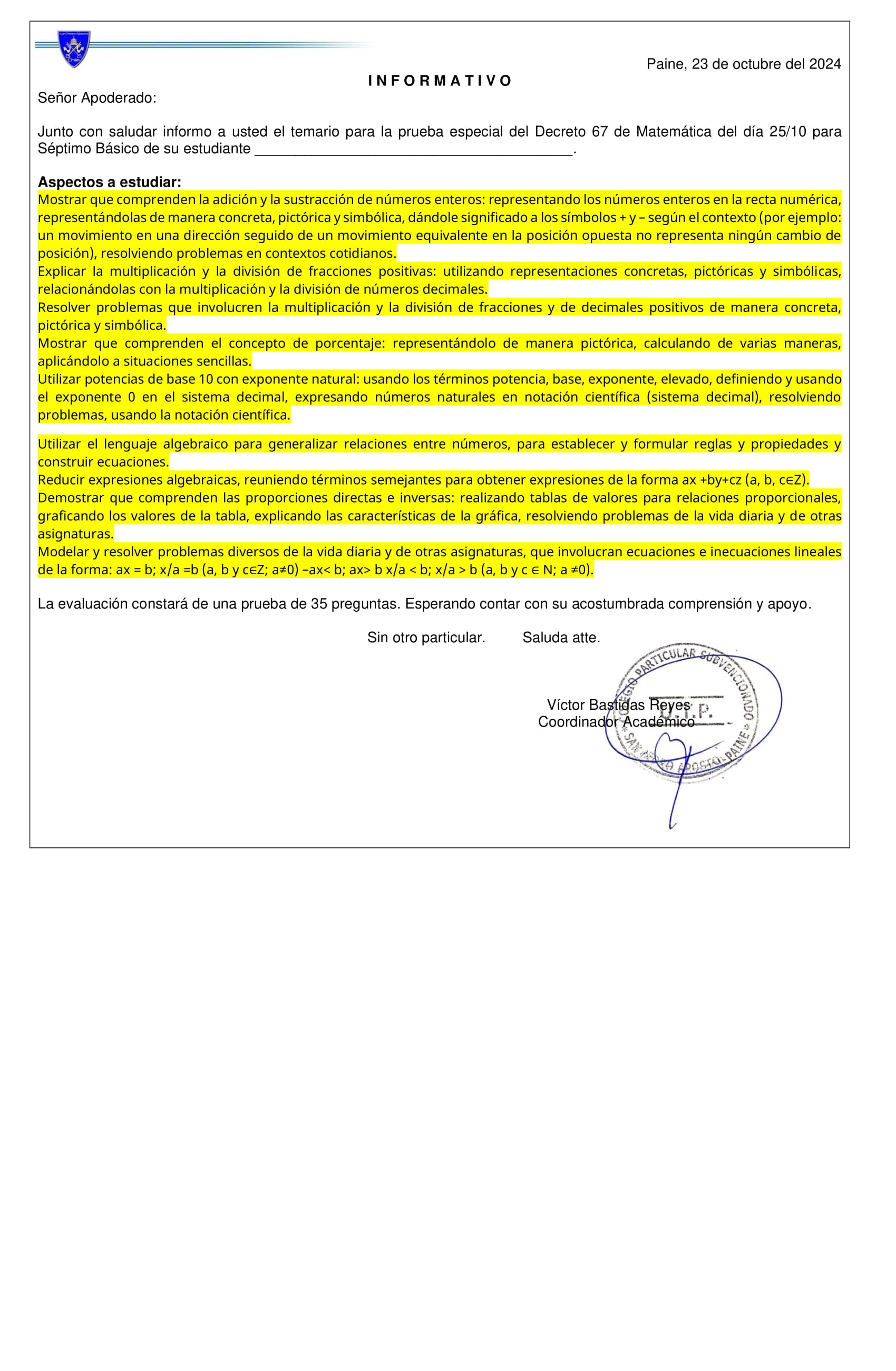 temario septimo matemática