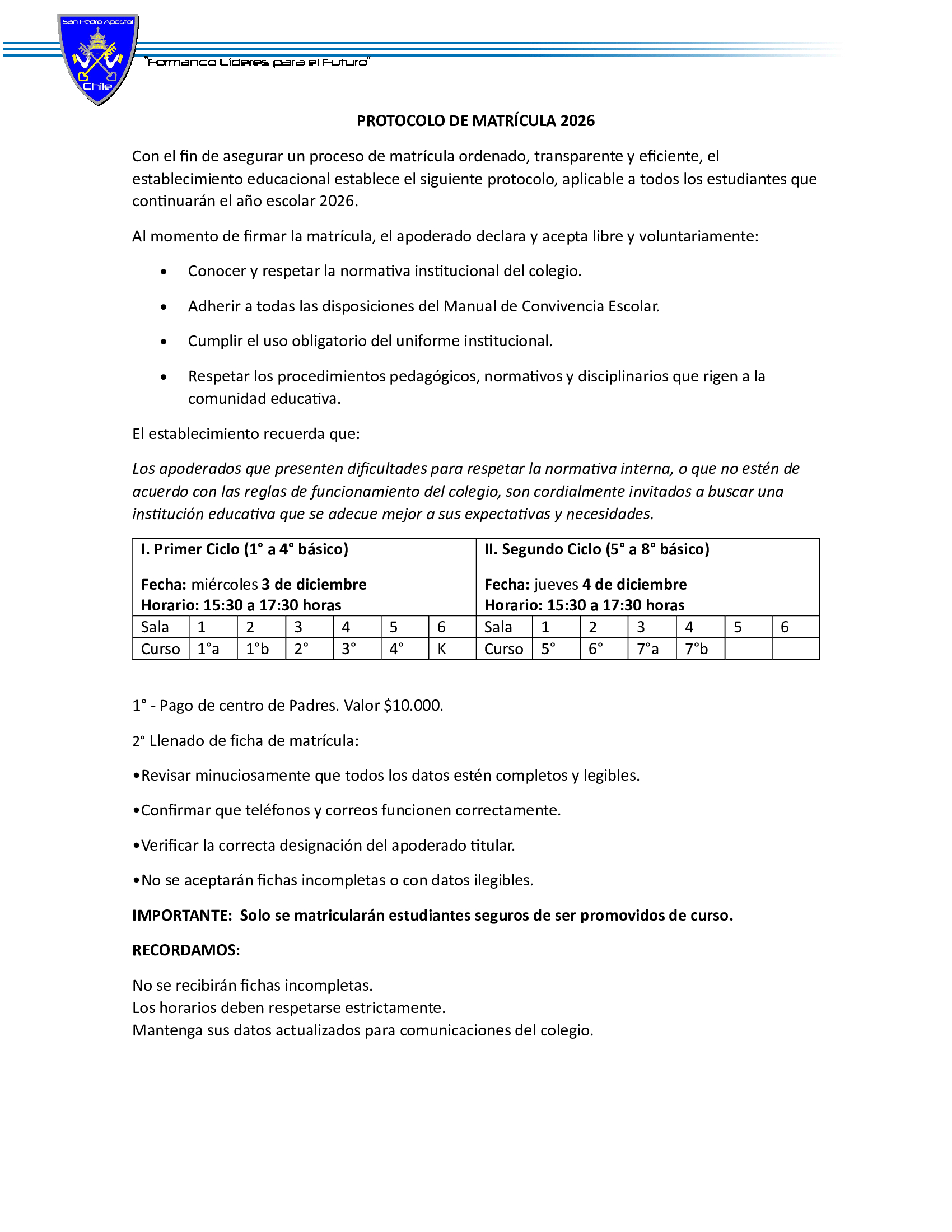 Protocolo matrícula 2026