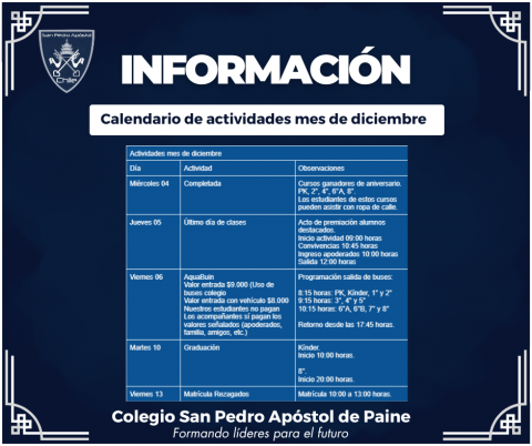 calendario actividades mes de diciembre de 2024