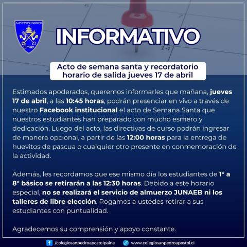 recordatorio horario de salida jueves 17 de abril de 2025