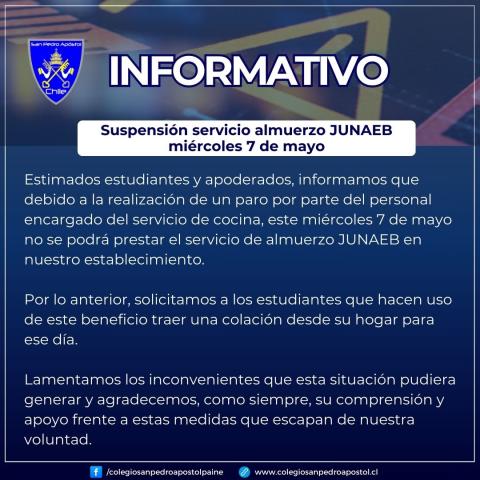 informativo suspensión servicio de almuerzo junaeb miércoles 7 de mayo