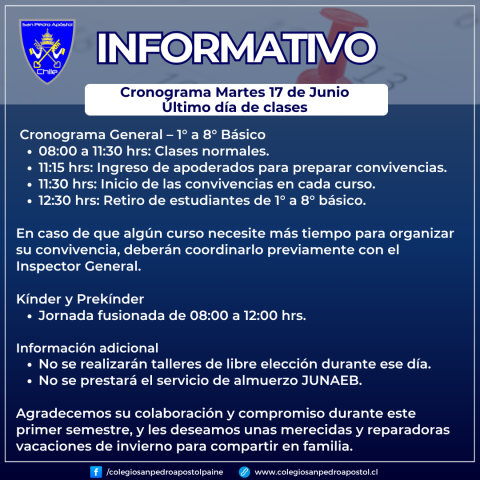 informativo cronograma ultimo día de clases martes 17 de junio de 2025.