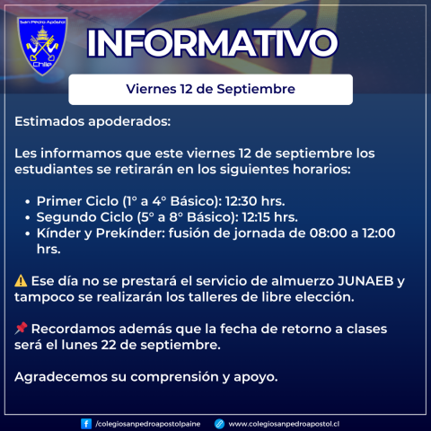 informativo horarios de salida viernes 12 de septiembre
