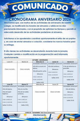 Cronograma Mes de Aniversario 2026