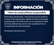 informativo suspensión taller musica/flauta día viernes 13 de septiembre