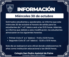 horario de salida miercoles 30 de octubre