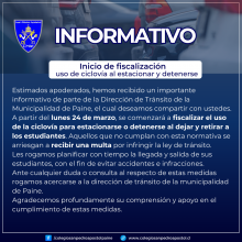Inicio de fiscalización vehículos en ciclovía colegio san pedro apóstol de paine