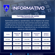 Para evitar aglomeraciones y agilizar el proceso de salida de los estudiantes, se ha realizado una pequeña modificación en el orden y horario de salida. Les invitamos a revisar el informativo adjunto para conocer los nuevos horarios.