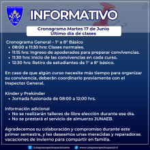 informativo cronograma ultimo día de clases martes 17 de junio de 2025.